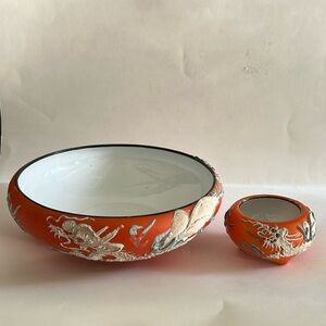 VTG vintage orange white moriage dragon ceramic bowl made in Japan set of 2